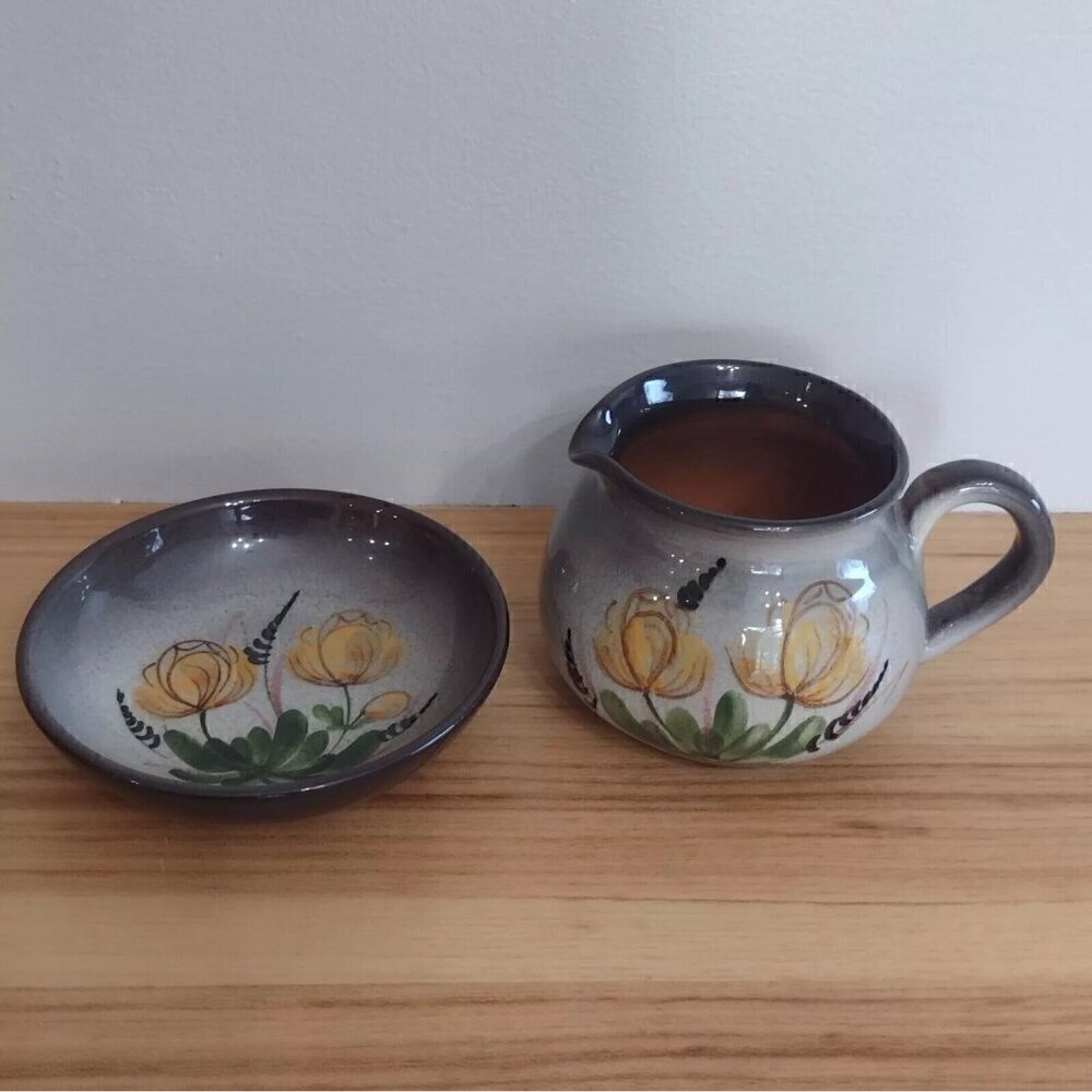 Vtg Weiningen Keramik Switzerland Pottery Pitcher & Bowl Hand Painted Floral